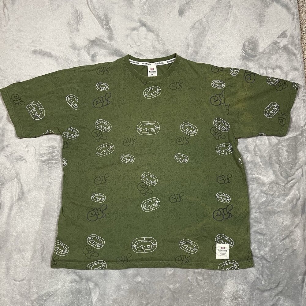 Ecko Unltd T-Shirt Mens XXL Green AOP Rhino Logo Vintage Y2K Streetwear‎